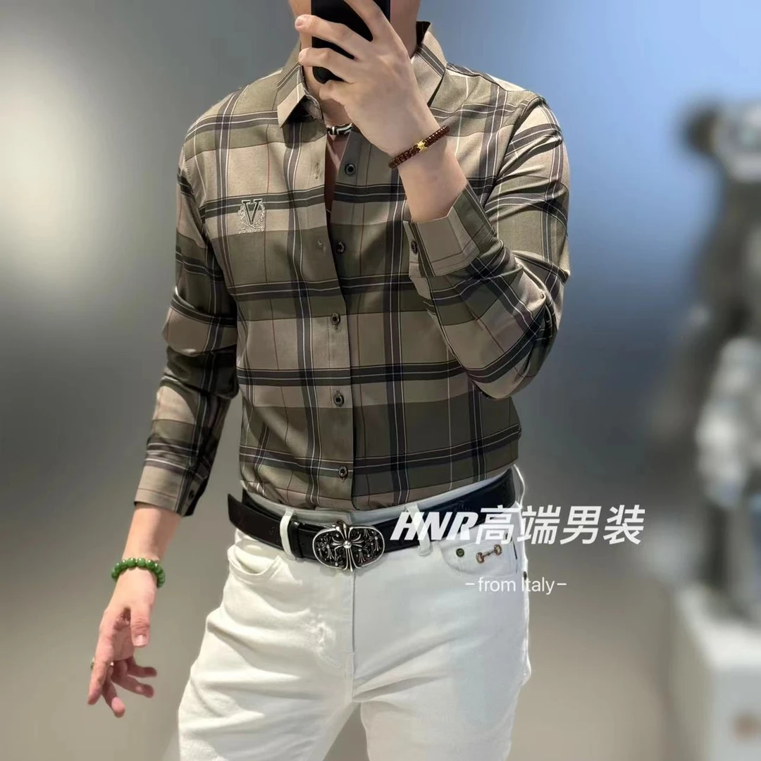 复古风褐色格子2024新款秋季百搭潮流男士休闲个性长袖衬衫2704