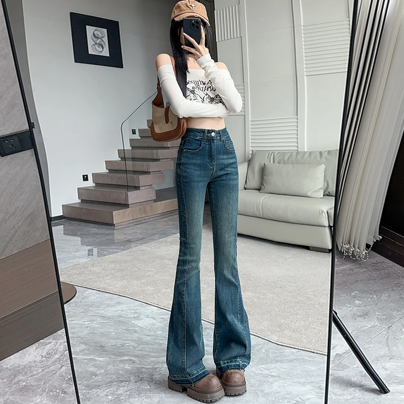 显瘦秋季弹力喇叭裤新款春装牛仔裤高腰外穿裤子复古修身微喇裤女