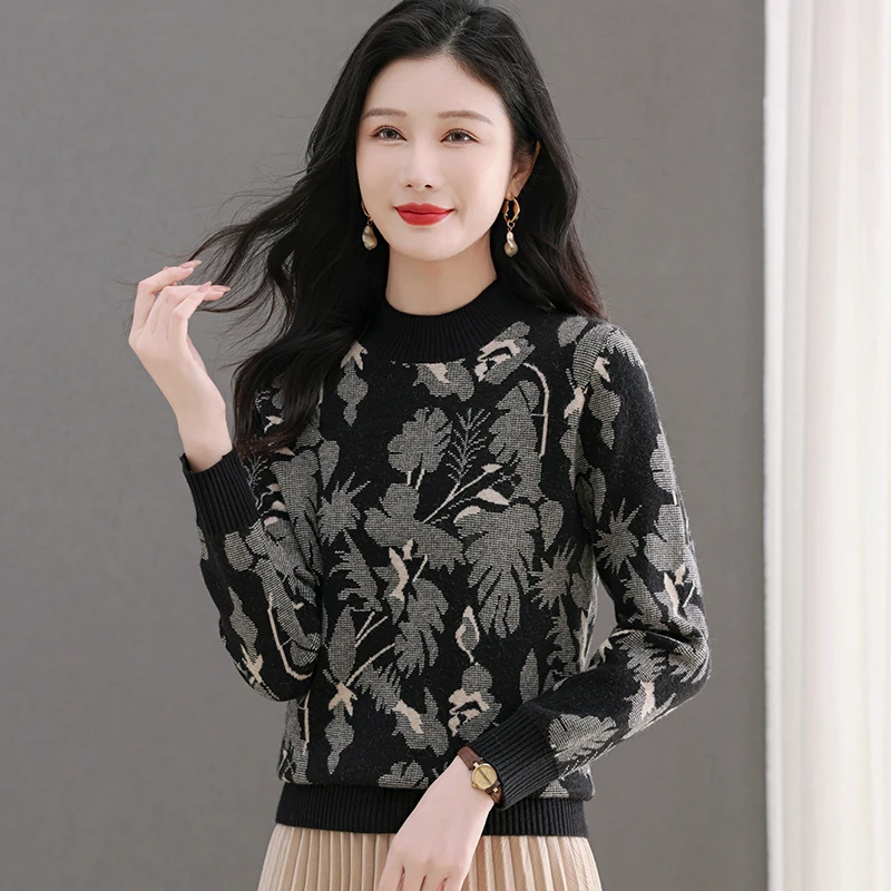 秋冬季女士宽松半高领内搭外穿减龄时尚百搭羊毛提花针织衫毛衣