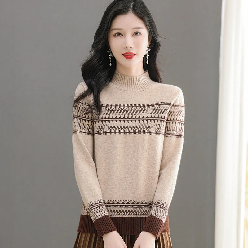 秋冬季女士宽松半高领内搭外穿减龄时尚百搭羊毛提花针织衫毛衣