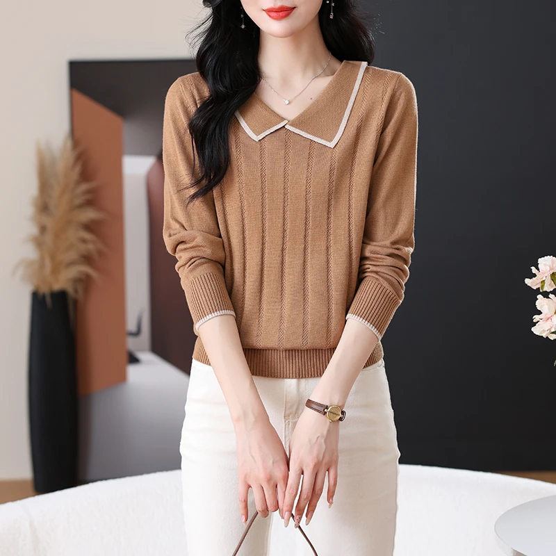 秋季女士套头翻领宽松显瘦短款减龄纯色百搭外穿长袖针织衫