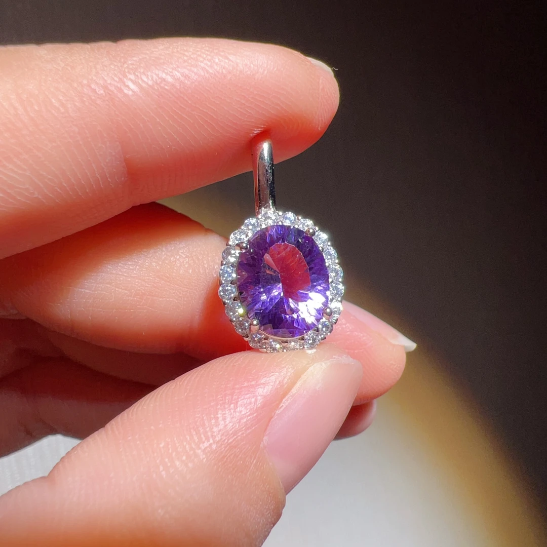 S925银椭圆形紫水晶吊坠坠万能扣8x10mm