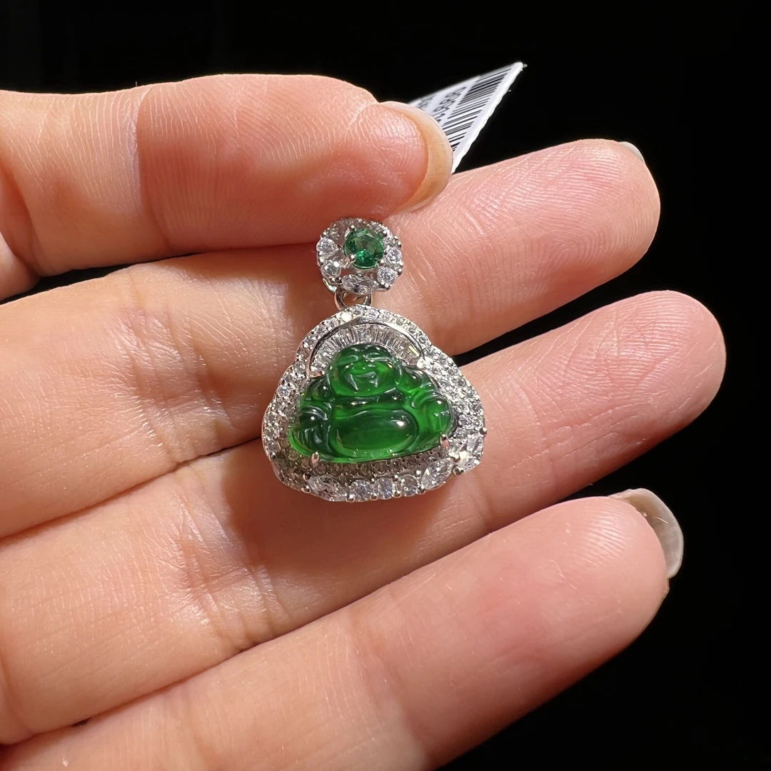 S925银天然翡翠佛公吊坠8.5x12mm