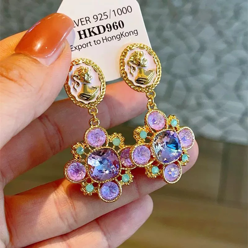 铜合金耳饰 法式复古美人彩色气质耳环