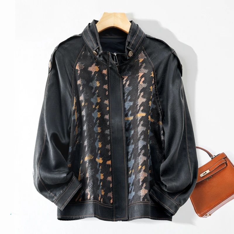 100%桑蚕丝高端女装千鸟格拉链香云纱百搭真丝短外套透气男女同款