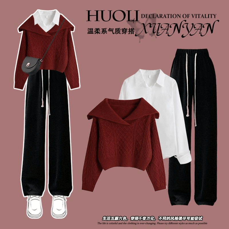秋季洋气炸街套装女2023新款小香风时尚毛衣衬衫收腰阔腿裤三件套
