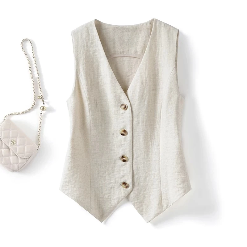 2025夏季新款简约通勤气质V领排扣修身薄款显瘦马甲时尚坎肩外套