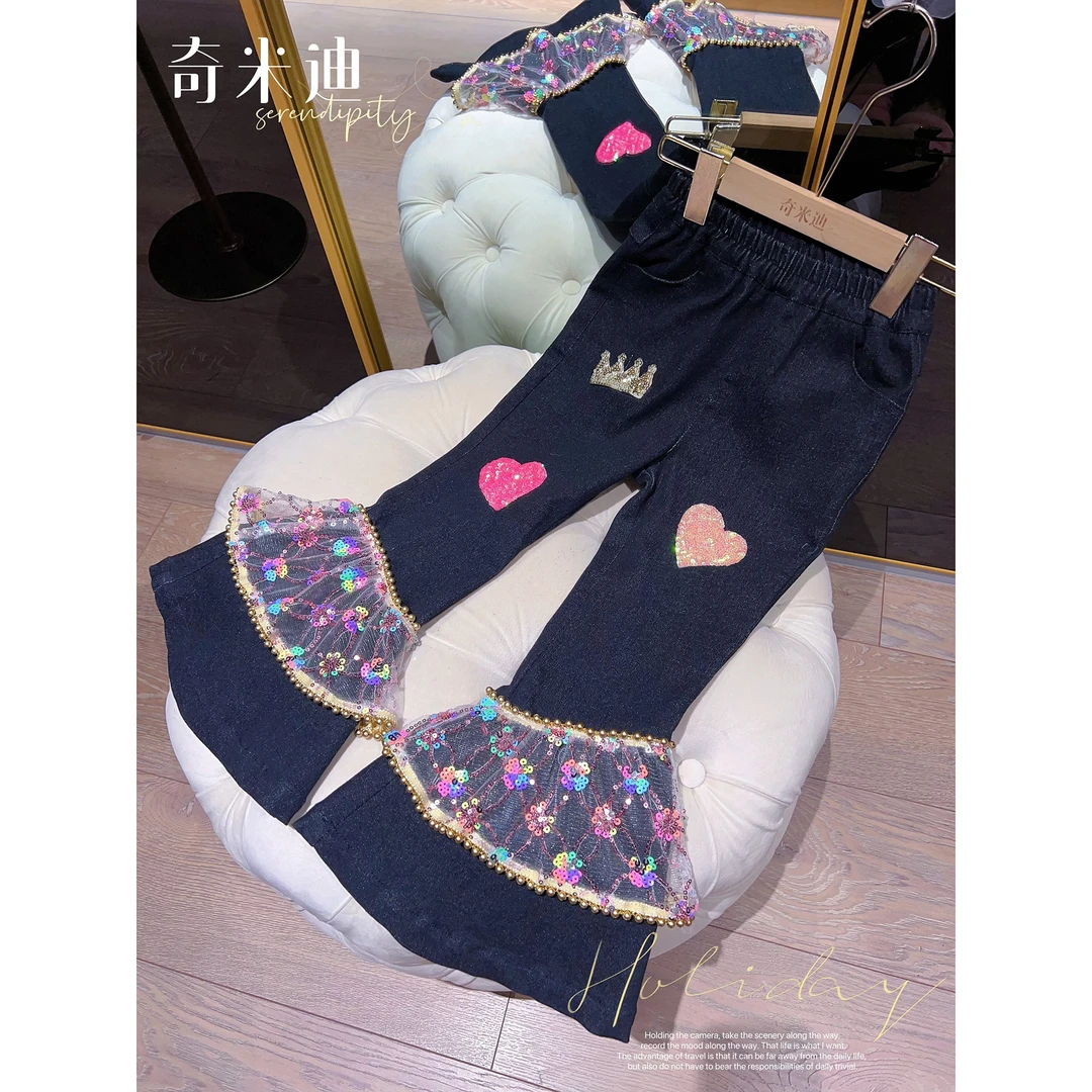 奇米迪女童牛仔裤加绒加厚洋气2023秋装新款定制儿童喇叭裤32513