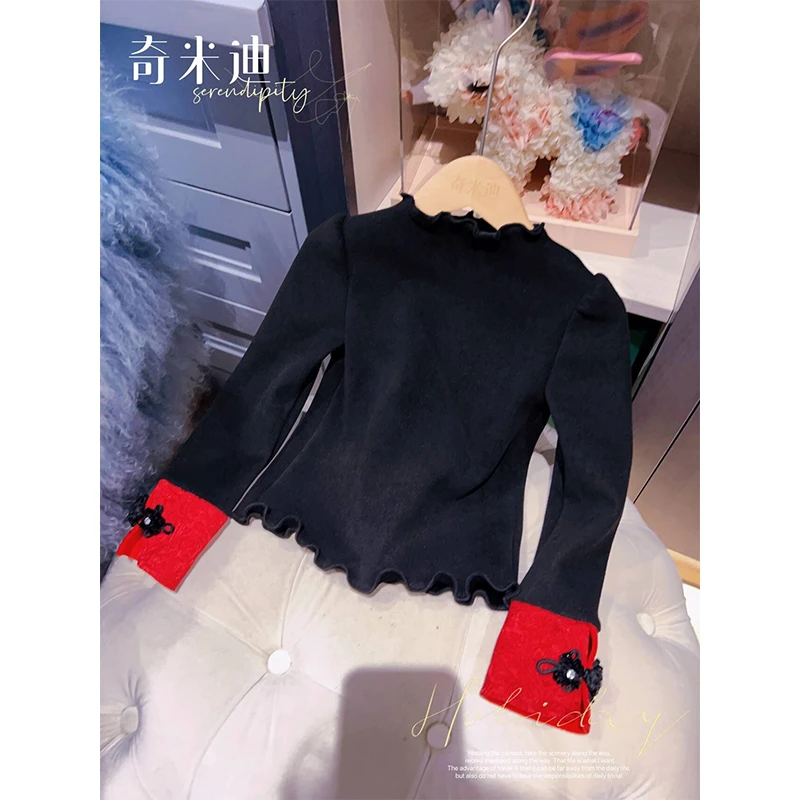 现货奇米迪 2023冬季女童中国风加绒打底衫洋气儿童打底衫44057
