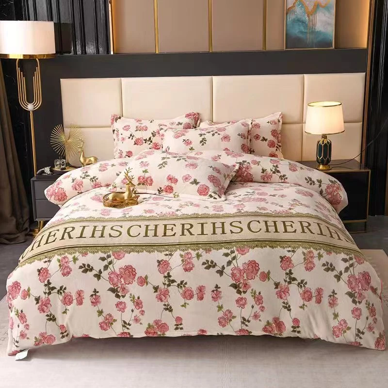 牛奶绒被套单人双人轻奢学生加绒加厚双面短毛绒印花被罩四件套