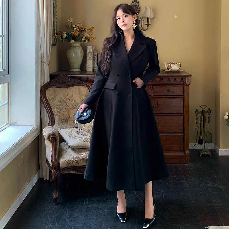 大码女装高级感赫本显瘦黑色毛呢外套胖mm200斤长款收腰大衣1939