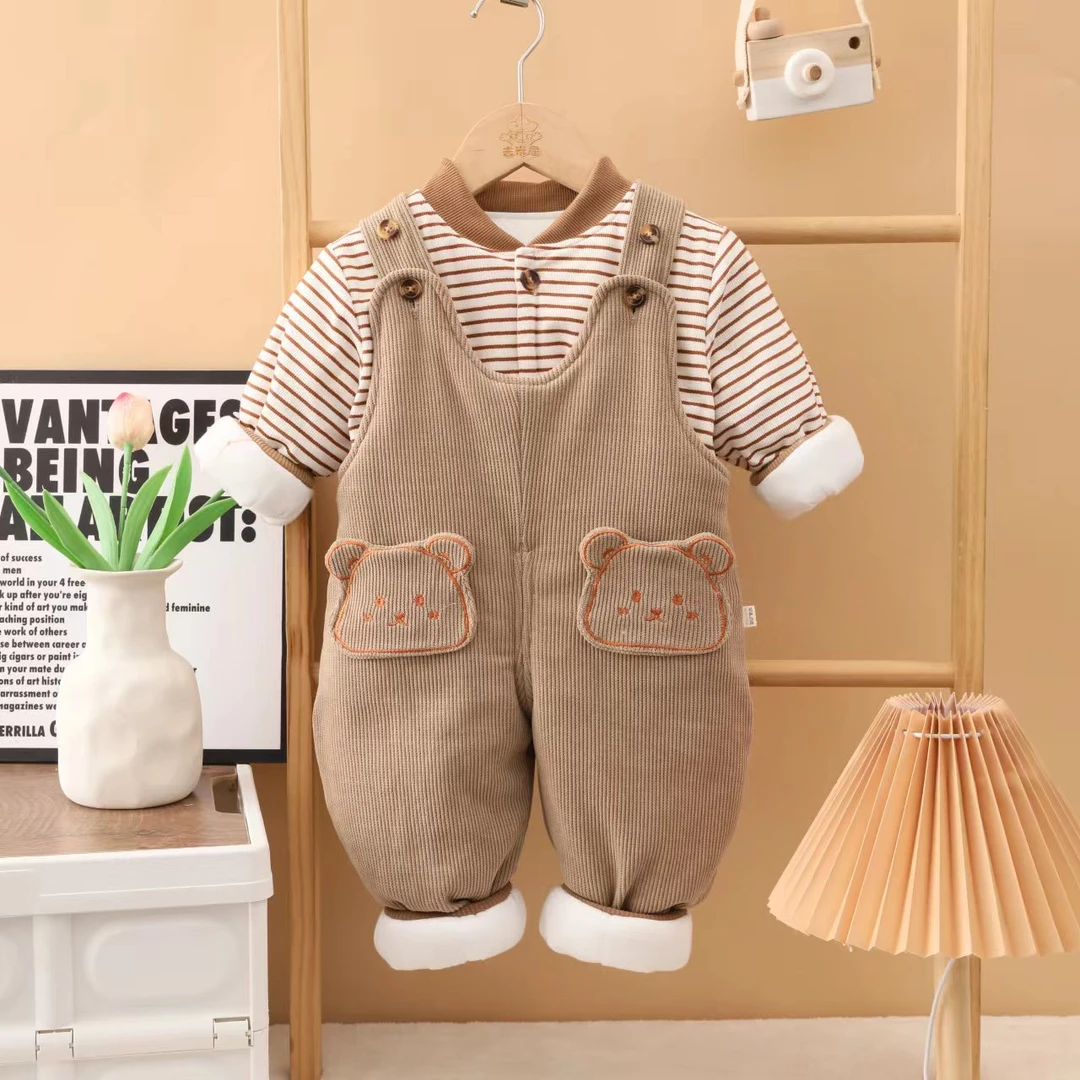 2025卡通熊头口袋背带裤套装婴幼儿加厚夹棉套装婴幼儿棉服