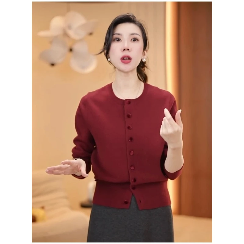 红色简约针织毛衣打底衫女2024年秋冬新款气质优雅百搭显瘦针织衫