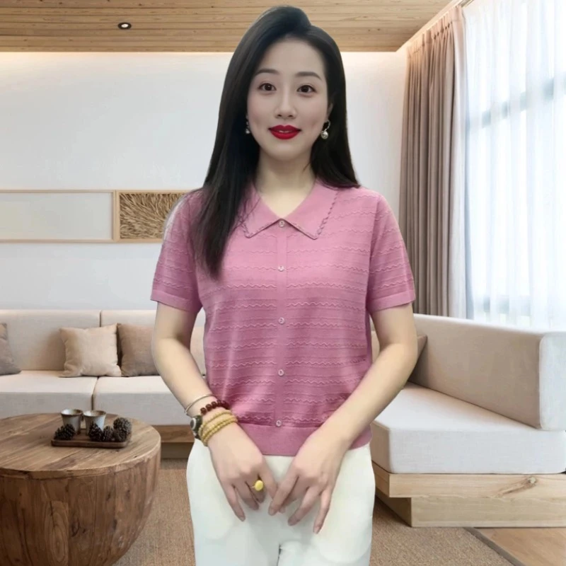天丝妈妈夏装针织衫女2024新款时尚气质减龄遮肉洋气短袖上衣女