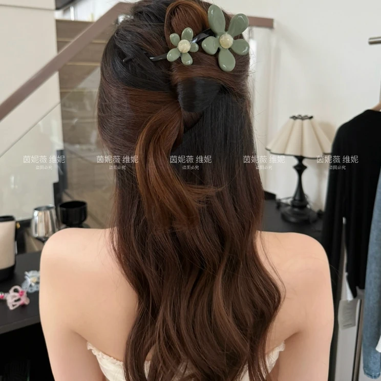 韩系赫本简约优雅玉兰花朵一字抓夹感扭扭夹发卡发夹后脑勺