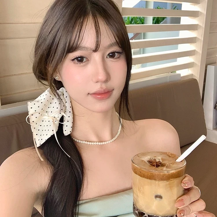 复古法式白色发饰韩系波点方巾肥肠头饰蝴蝶结发圈发绳头绳发饰