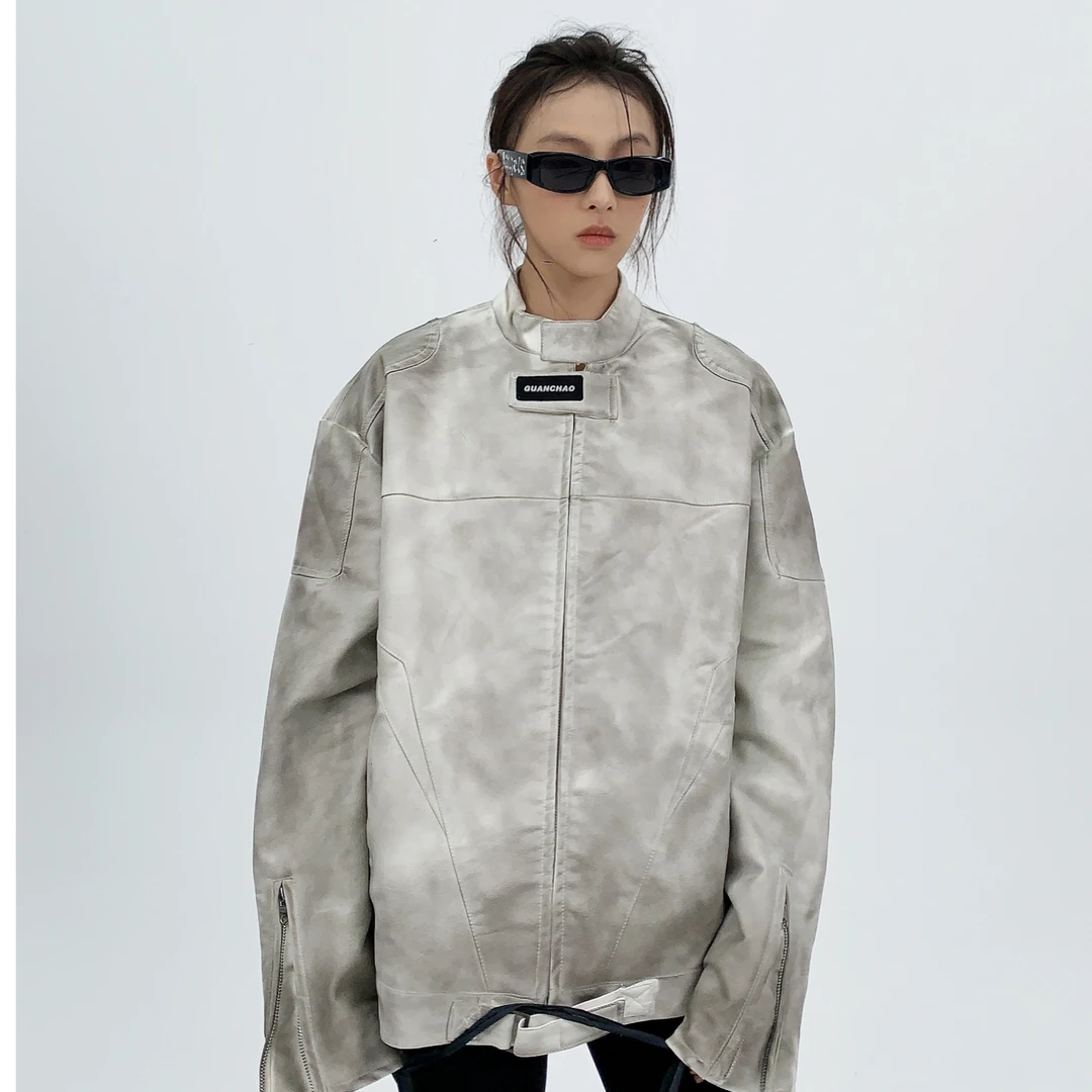 221秋冬美式高级感小众脏脏皮机车外套宽松复古做旧PU皮夹克男女