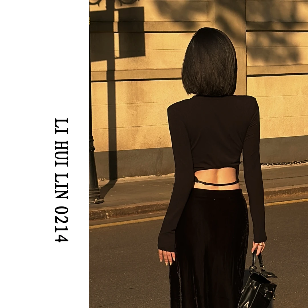 LIHUILIN/露腰小心机气质纯色长袖T恤