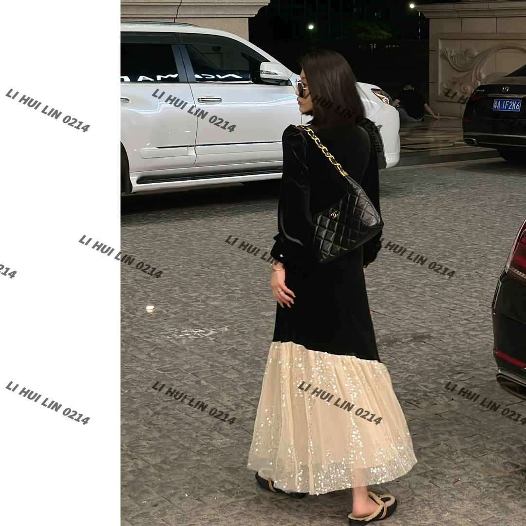 LIHUILIN/法式名媛轻奢高级拼接丝绒连衣裙