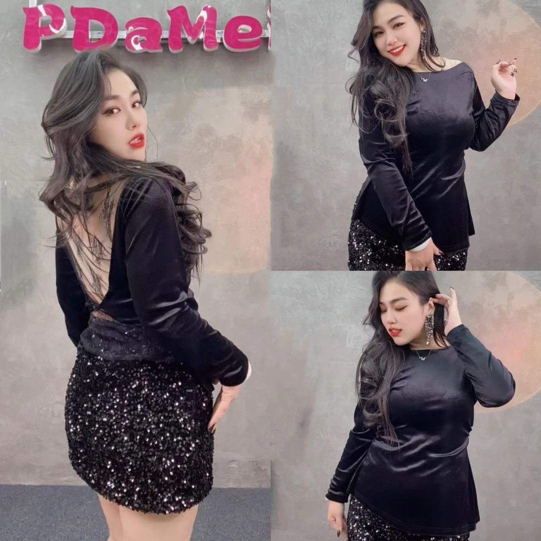 宋美人【致命姨感】大码女装性感蕾丝亲姐丝绒打底上衣7180