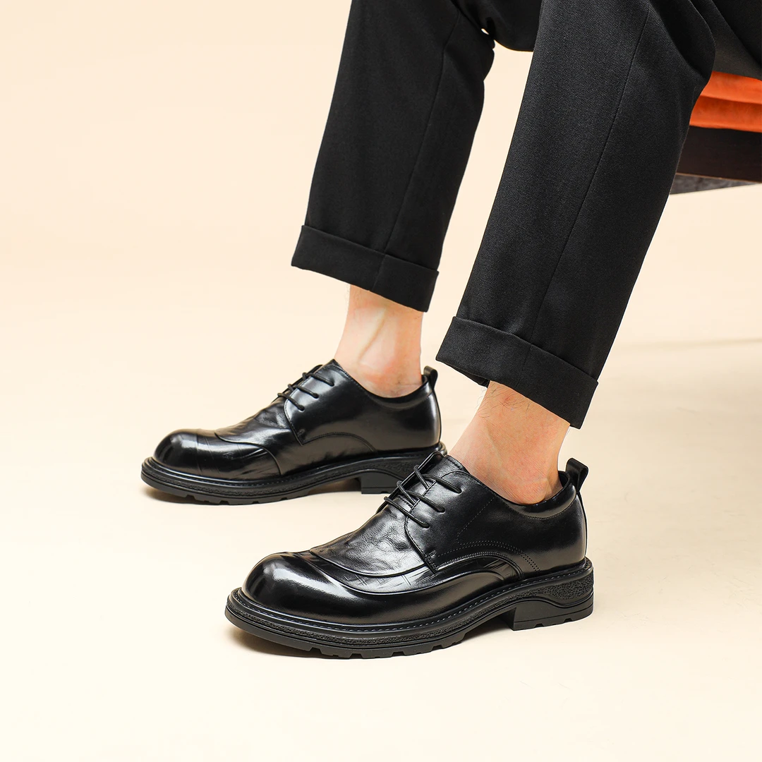 头层小牛皮男士休闲鞋厚底商务牛皮系带男士时尚休闲鞋厚底商务