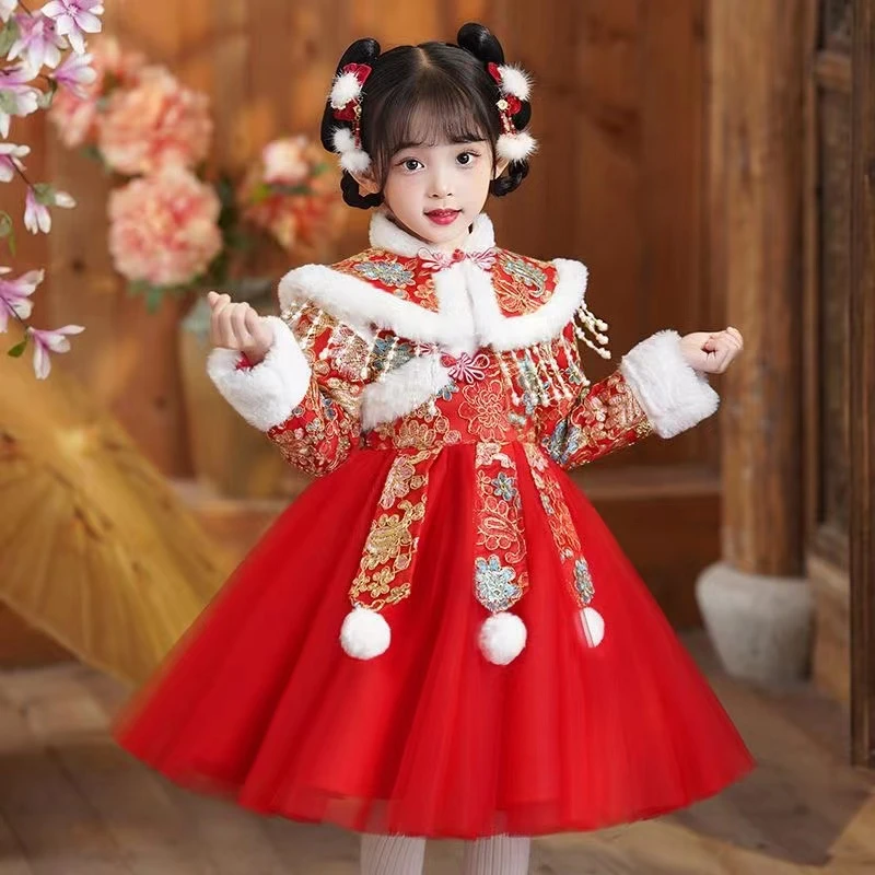 女童拜年服裙子新年衣服女宝汉服连衣裙冬季儿童装过年公主裙冬款