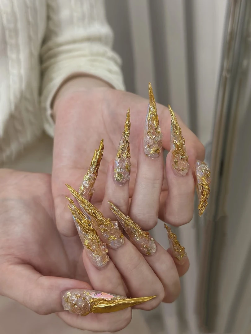 永夜星河镜妖纯手工穿戴甲金色气质款法式美甲贴片