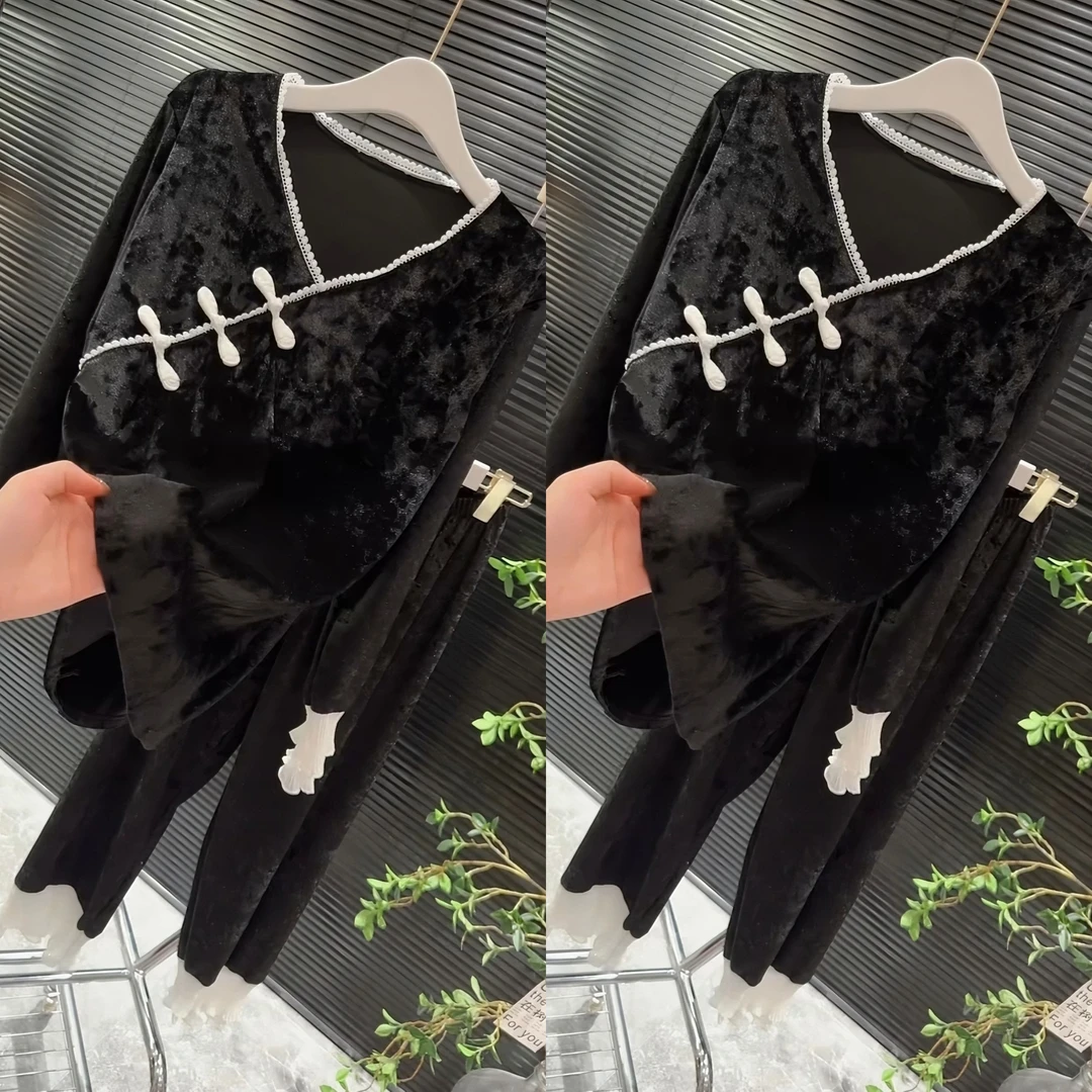 女士秋冬款宽松大码睡衣女套装蕾丝花边小香风盘扣时尚长袖家居服