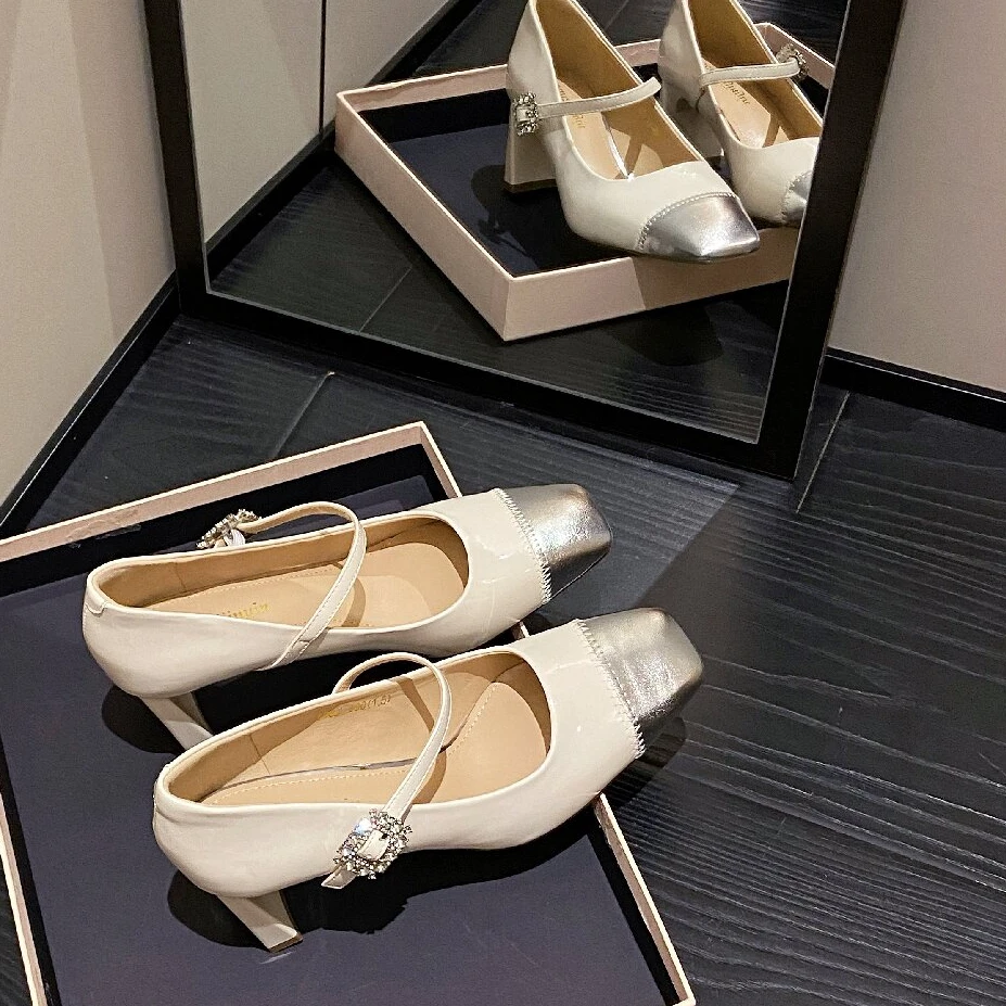 【6公分】2024早秋新款小香风拼色复古方头浅口高跟鞋温柔粗跟单鞋