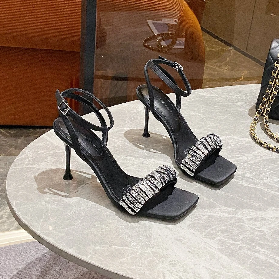 【7公分】2025夏季新款网红方头气质一字带水钻法式露趾高跟凉鞋