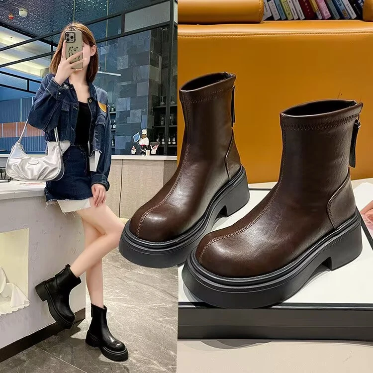 短靴时尚百搭厚底英伦风秋冬圆头秋季