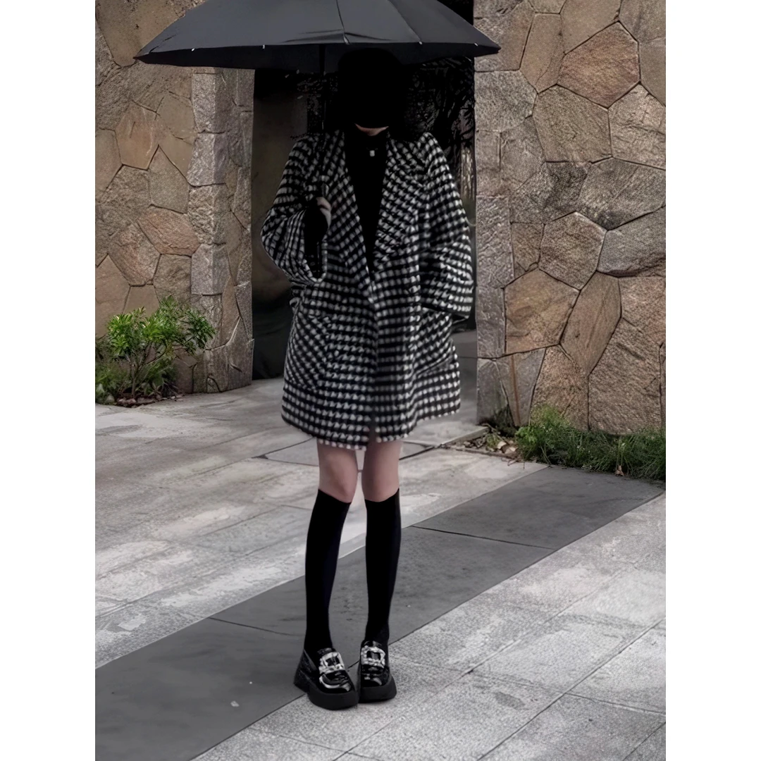 小香风秋冬毛呢外套女2024新款高级感中长款遮屁股千鸟格呢子大衣