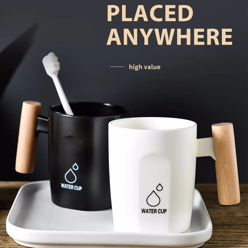学生宿舍创意黑白漱口杯杯子刷牙杯家用木制手柄牙缸牙刷杯洗漱杯