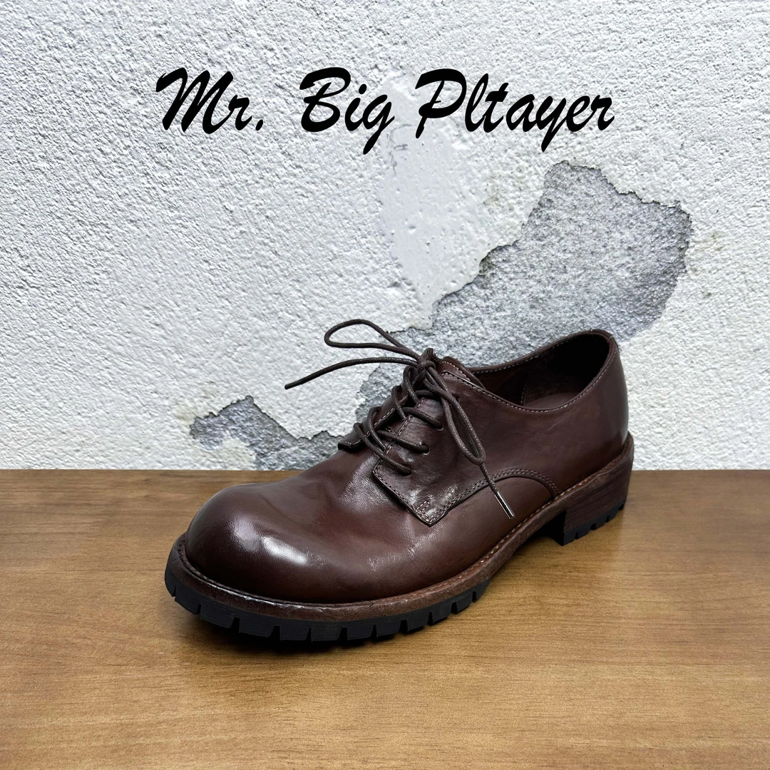水洗马皮休闲男皮鞋系带真皮大底百搭低帮圆头厚底时尚固特异工艺