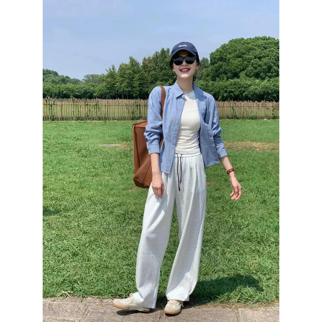 2024新款早秋冬季休闲简约衬衫上衣搭配休闲裤裤子显瘦百搭洋气