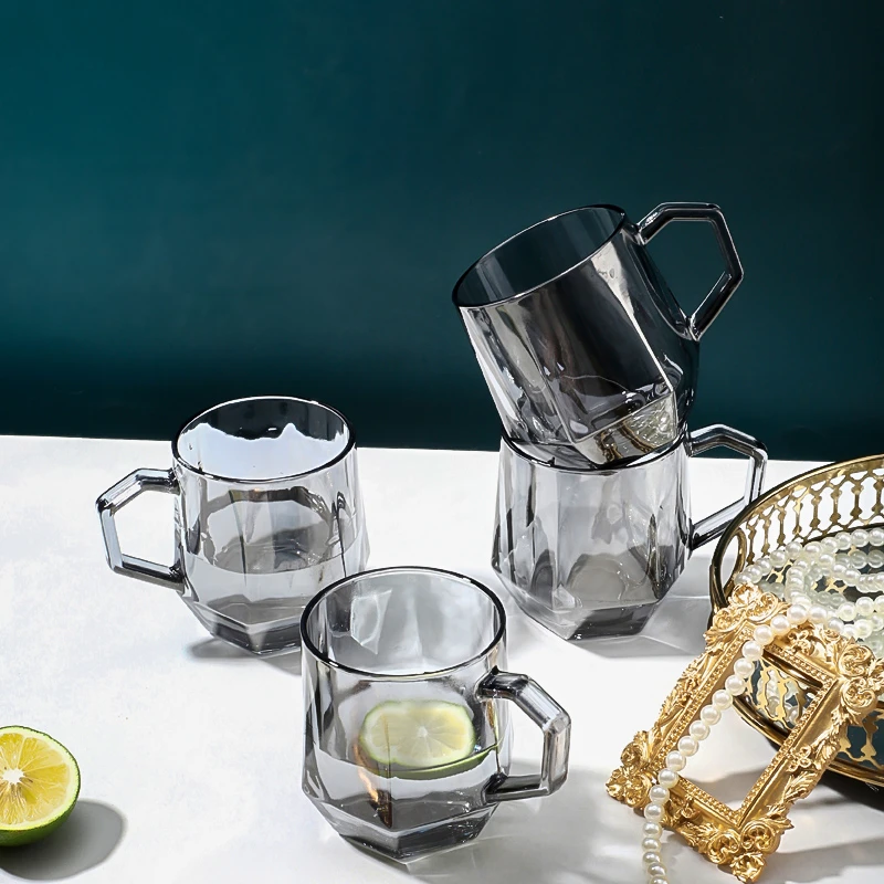 网红新款加厚透明玻璃杯六角炫彩把杯家用钻石设计活动无铅玻璃杯