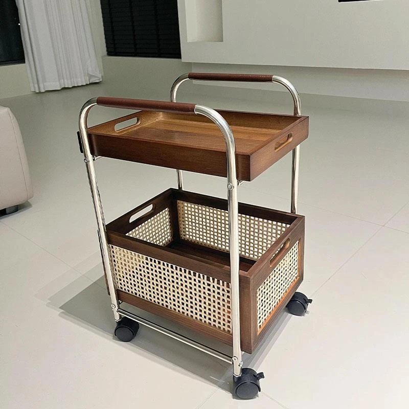 中古实木边几可移动小推车沙发边柜置物柜客厅茶水架高级藤编侘寂