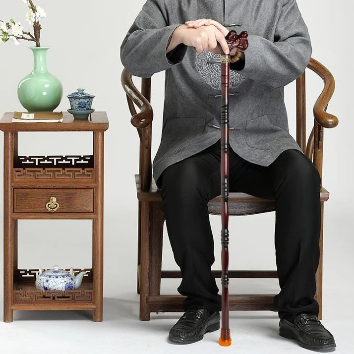 紫檀色实木老年人拐杖防滑拐棍龙头拐扙红木捌杖木制手杖加粗木头