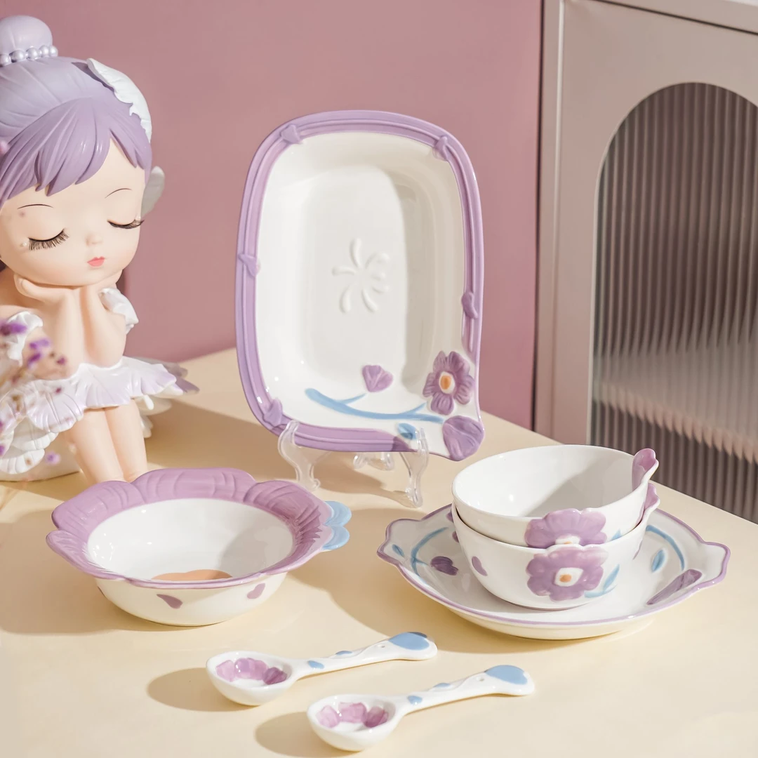 【紫薇花开】7件套家用陶瓷高颜值米饭碗餐盘沙拉碗纯手绘餐具套组