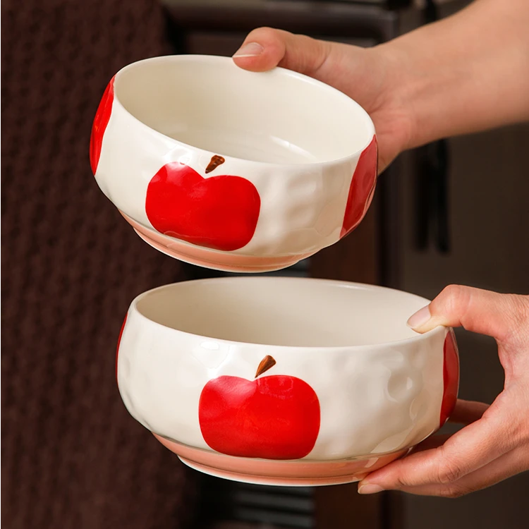 【红苹果】6英寸面碗家用高温釉下彩陶瓷高颜值手捏浮雕可爱沙拉碗