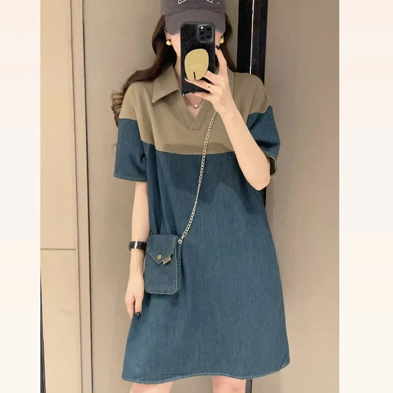 新款欧洲站牛仔拼接连衣裙女夏季胖斤大码宽松直筒裙子