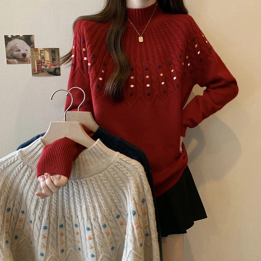 大码女装加厚半高领长袖针织衫女秋冬胖减龄显瘦红色新年毛衣