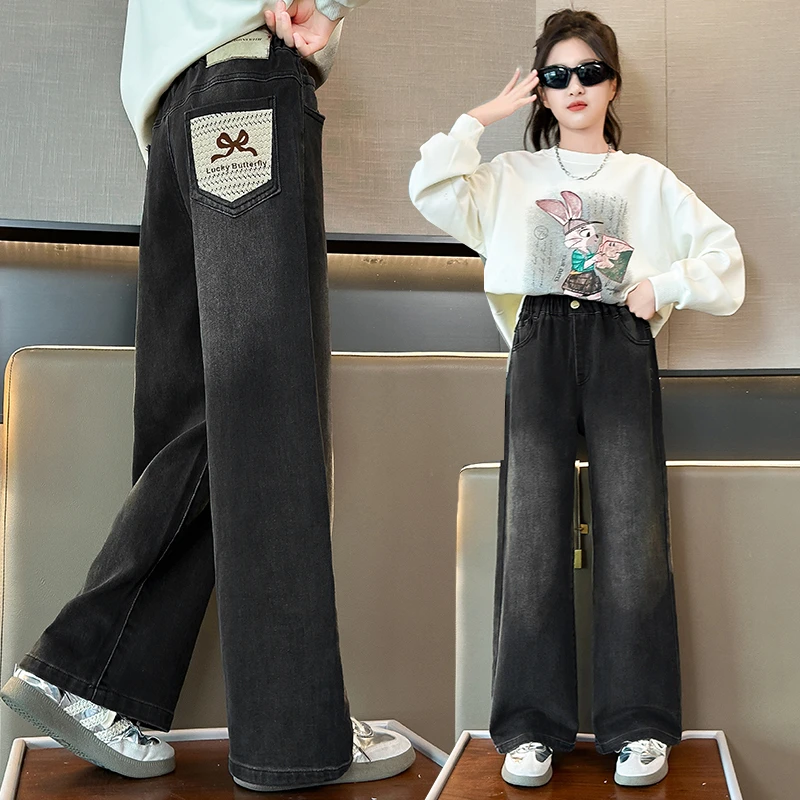 女童洋气牛仔阔腿裤秋季儿童宽松休闲直筒裤中大童百搭显瘦长裤子