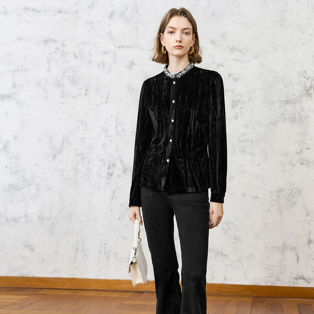 颜域法式复古丝绒衬衫2025时尚通勤立领收腰显瘦衬衣女70W240639