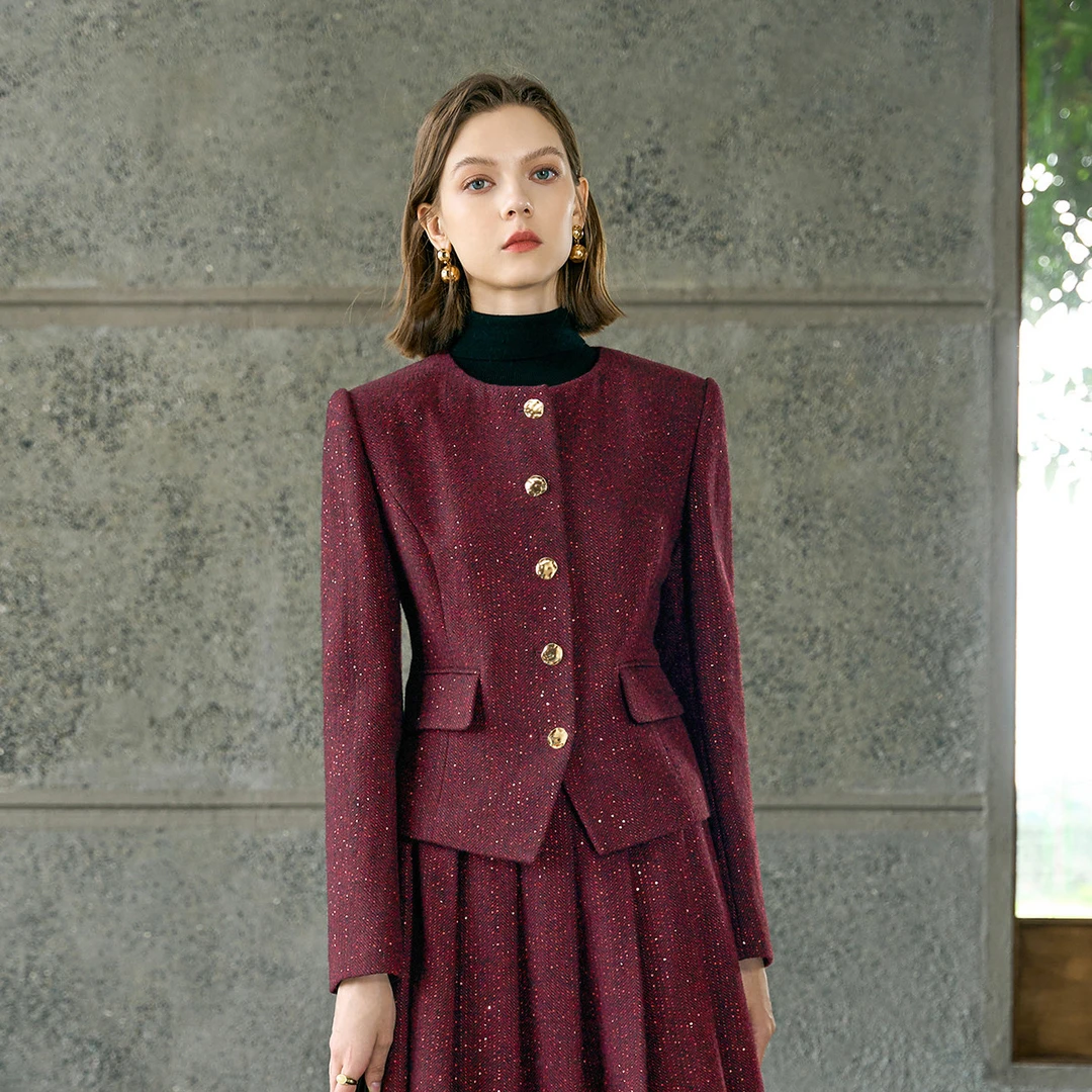 颜域52%绵羊毛小香风西装女士2025短款毛呢外套