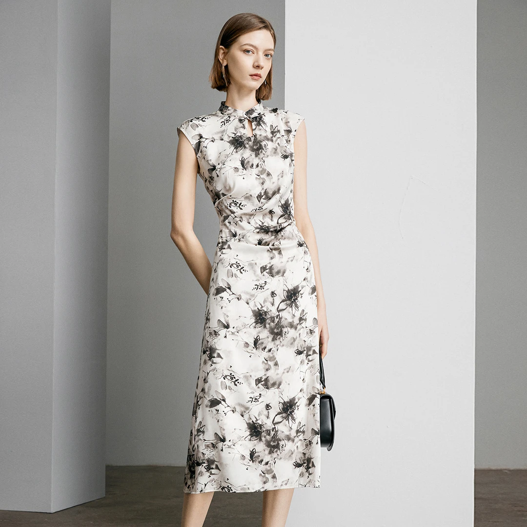 颜域新中式连衣裙2025春水墨印花收腰显瘦国风旗袍