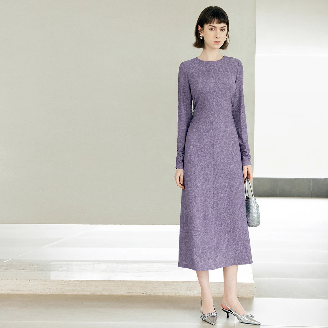 颜域知性通勤连衣裙女2025优雅气质紫色圆领收腰显瘦裙子