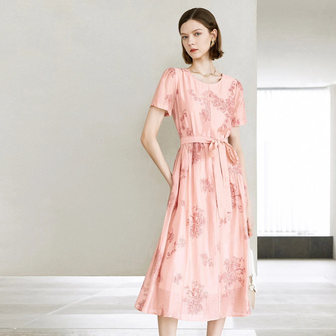 颜域【轻薄透气】2025夏气质优雅印花连衣裙女中长款H型20S411824