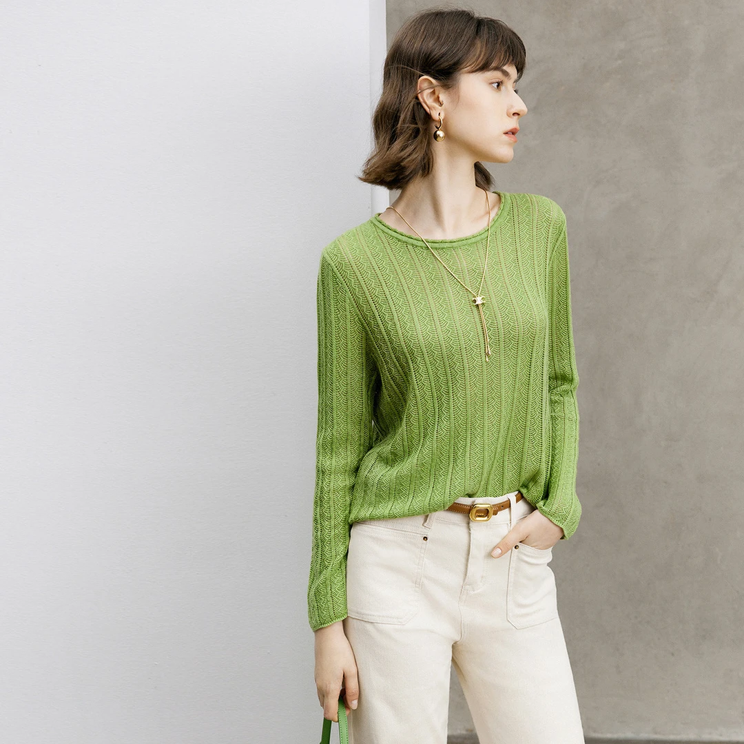颜域【清新简约】针织衫女时尚通勤长袖圆领针织