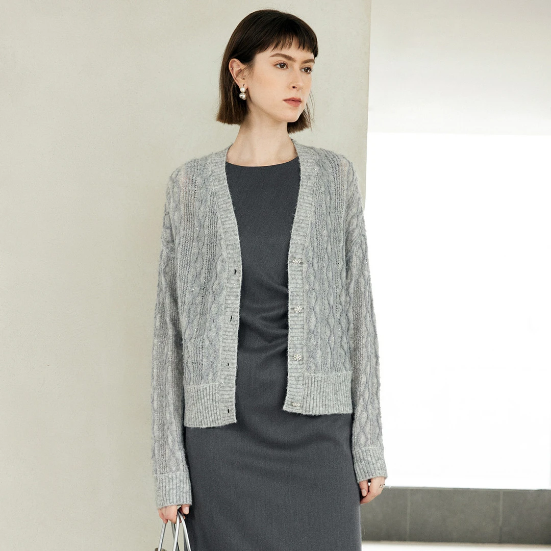 颜域61%棉羊毛针织衫女2025秋季时尚细闪长袖开衫V领上衣